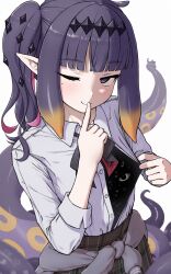 1girl ;) black_bow black_bowtie blunt_bangs bow bowtie clothes_around_waist commentary diamond_hairband english_commentary finger_to_mouth flashing grey_jacket highres hololive jacket jacket_around_waist long_hair long_sleeves looking_at_viewer mole mole_under_eye multicolored_hair ninomae_ina&#039;nis ninomae_ina&#039;nis_(school_uniform) official_alternate_costume one_eye_closed open_clothes open_shirt pink_hair pointy_ears purple_eyes purple_hair sanwanton school_uniform shirt shushing side_ponytail simple_background smile solo tentacles too_many_eyes two-tone_hair virtual_youtuber white_background white_shirt