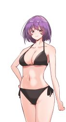 Rule 34 | 1girl, 702 (naotsu), alternate costume, bikini, black bikini, breasts, highres, kantai collection, large breasts, lexington (kancolle), navel, purple eyes, purple hair, short hair, side-tie bikini bottom, smile, solo, swimsuit, white background