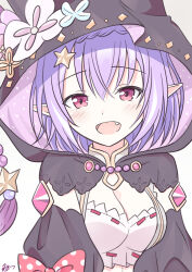 1girl black_hood breasts cleavage demon_girl fang hair_ornament highres hood iris_mysteria! k_(nura-rikuo) medium_breasts open_mouth pointy_ears purple_hair red_eyes red_ribbon ribbon see-through_clothes star_(symbol) star_hair_ornament upper_body valeria_ristie_de_serbanescu vampire