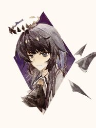 1girl absurdres arknights ascot black_ascot black_eyes black_hair black_halo border bright_pupils chinese_commentary closed_mouth commentary_request diamond_border grey_border halo highres light_smile long_hair looking_at_viewer mole mole_under_eye outside_border portrait solo uuo1_(faraway34878) virtuosa_(arknights) white_pupils
