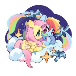 absurdres animal animal_focus artist_name artistic_error bird blonde_hair blue_hair blush border chengzi82020 chinese_commentary closed_mouth cloud commentary_request cutie_mark eye_contact fluttershy full_body green_eyes green_hair hand_on_own_cheek hand_on_own_face highres long_hair looking_at_another lying multicolored_hair my_little_pony my_little_pony:_friendship_is_magic on_cloud on_stomach orange_hair outside_border pegasus pink_eyes pink_hair pink_tail purple_hair rainbow_dash rainbow_hair red_hair smile sparkle streaked_hair white_border