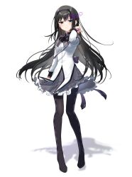 1girl akemi_homura akemi_homura_(magical_girl) argyle_clothes argyle_pantyhose asukaru_(magika_ru) black_boots black_hair black_hairband black_pantyhose blush boots capelet closed_mouth commentary_request dated frilled_skirt frills full_body hairband hand_up high_heel_boots high_heels highres long_hair long_sleeves looking_at_viewer magical_girl mahou_shoujo_madoka_magica mahou_shoujo_madoka_magica_(anime) neck_ribbon pantyhose pleated_skirt purple_capelet purple_eyes purple_ribbon purple_skirt ribbon shadow shirt signature simple_background skirt solo standing white_background white_shirt