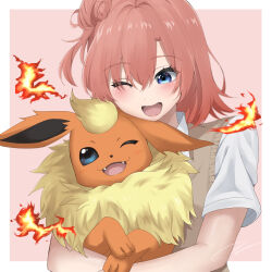 Rule 34 | 1girl, 1other, absurdres, blue eyes, blush, border, brown sweater vest, collared shirt, commentary request, crossover, fangs, flareon, gen 1 pokemon, hair bun, highres, holding, holding pokemon, light (lightpicture33), medium hair, nintendo, one eye closed, open mouth, orange hair, outside border, pink background, pokemon, pokemon (creature), school uniform, shirt, short sleeves, signature, simple background, single hair bun, single side bun, smile, sobu high school uniform, summer uniform, sweater vest, upper body, white border, white shirt, yahari ore no seishun lovecome wa machigatteiru., yuigahama yui