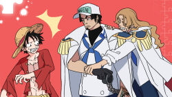 Rule 34 | 3boys, black gloves, black hair, blonde hair, brothers, clenched teeth, coat, coat on shoulders, commentary request, elder marine brother, epaulettes, facial hair, gloves, goatee, hat, highres, korean commentary, long hair, looking at another, male focus, monkey d. luffy, multiple boys, one piece, one piece fan letter, open clothes, open shirt, puzzle, red background, red shirt, scar, scar on chest, scar on face, shirt, short hair, siblings, simple background, straw hat, sweatdrop, teeth, ud s2ops2, white coat, younger marine brother