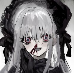 1girl akai_ringo_(eveyuno) black_headdress blood blood_on_face crazy_smile highres long_hair looking_at_viewer original red_eyes smile white_background white_hair