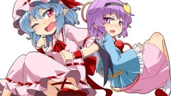 2girls black_hairband blue_hair blue_shirt dress frilled_dress frills hairband hat hemogurobin_a1c komeiji_satori mob_cap multiple_girls open_mouth pink_dress pink_skirt pointy_ears purple_eyes purple_hair red_eyes remilia_scarlet shirt short_hair skirt touhou