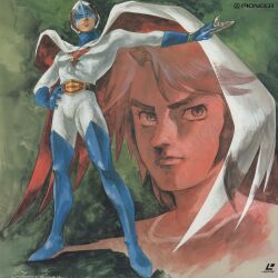 1970s_(style) 1boy abs absurdres blue_gloves bodysuit cape gatchaman gloves hand_on_own_hip highres ken_the_eagle looking_at_viewer multiple_views non-web_source official_art oldschool pectorals retro_artstyle scan serious tatsunoko_production traditional_media weapon white_bodysuit zoom_layer