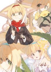 1girl absurdres animal_ears arknights bare_shoulders bespectacled blonde_hair blue_hairband brown_jacket chinese_commentary chino_(user_zdyd2447) commentary_request covered_mouth eyes_visible_through_hair flower fox_tail glasses green_eyes hair_intakes hair_rings hairband highres holding holding_wand jacket long_sleeves looking_at_viewer looking_back material_growth multicolored_hair multiple_views oripathy_lesion_(arknights) parted_lips red_hairband red_scarf round_eyewear scarf short_hair streaked_hair suzuran_(arknights) tail wand white_hair yellow_flower