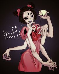 1girl arthropod_girl black_hair bug colored_tongue cup donut extra_eyes fangs food highres holding holding_cup insect_girl muffet open_mouth purple_tongue spider spider_girl tea teacup undertale yokaze_(xxxdisxxx)