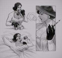 Rule 34 | 1girl, alcina dimitrescu, black gloves, cigarette holder, cup, drinking, gloves, greyscale, highres, holding, holding cup, looking to the side, medium hair, monochrome, mug writing, pooziqo-royal, resident evil, resident evil village, sleeping, smoking