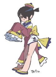 1girl artist_name black_eyes black_hair blush_stickers chinese_clothes closed_mouth frills from_side full_body hair_over_one_eye hat highres jiangshi_costume knives_chau leaning_forward looking_at_viewer ponytail qingdai_guanmao scott_pilgrim_(series) scott_pilgrim_takes_off shoes short_hair short_ponytail sidelocks sleeves_past_fingers sleeves_past_wrists smile solo standing tetsu_(teppei) white_background