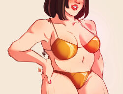 1girl bikini breasts hand_on_own_hip highres lipstick makeup mature_female medium_breasts non-web_source original plump red_lips stretch_marks swimsuit thick_thighs thighs