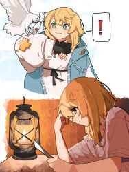 ! 1boy bird blonde_hair blue_eyes blue_jacket bridget_(guilty_gear) commentary drawstring guilty_gear guilty_gear_strive hair_between_eyes highres hood hood_down jacket lamp letter long_sleeves multiple_views open_clothes open_jacket pigeon puffy_long_sleeves puffy_sleeves reading short_hair short_sleeves smile spoken_exclamation_mark trap white_bird yano_(edbr1022)
