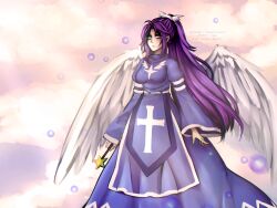1girl angel_wings artist_name bow character_name cloud cloudy_sky copyright_name cross cryptmyst dress highres long_hair magic matenshi_(touhou) painterly purple_dress purple_eyes purple_hair sky solo touhou touhou_(pc-98) wand wings