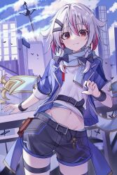 1boy belt bird black_bow black_shorts blue_nails bow cityscape crossdressing fang groin highres looking_at_viewer mellow_kaede multicolored_hair navel original outdoors red_eyes shirt short_shorts shorts sword thigh_strap trap weapon white_hair white_shirt