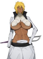 bleach blonde_hair breast_tattoo breasts colored_eyelashes dark-skinned_female dark_skin dr_octojuice espada facial_mark green_eyes hand_on_own_hip highres large_breasts medium_hair number_tattoo simple_background sword tattoo tier_harribel underboob weapon white_background