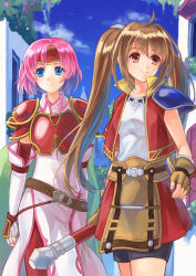 2girls ahoge akuru_(akr369akr) apron armor black_shorts blue_eyes blue_sky breastplate brown_apron brown_gloves brown_hair closed_mouth cloud collarbone collared_dress crossover day detached_sleeves dress eiyuu_densetsu elbow_gloves estelle_bright fingerless_gloves fire_emblem fire_emblem:_path_of_radiance gloves holding holding_staff jacket leather_apron long_hair marcia_(fire_emblem) medium_hair multiple_girls nintendo open_clothes open_jacket outdoors pants pink_hair red_eyes red_jacket red_pants red_sleeves shirt short_sleeves shorts shoulder_armor sky smile sora_no_kiseki staff standing twintails very_long_hair white_dress white_gloves white_shirt wing_collar