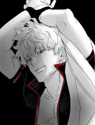 1boy arms_up black_background blush bound bound_wrists commentary fuaka2025 gintama greyscale hadanugi_dousa highres japanese_clothes kimono looking_at_viewer male_focus messy_hair monochrome open_clothes open_kimono parted_lips pectorals popped_collar red_eyes restrained sakata_gintoki short_hair short_sleeves smile solo spot_color symbol-only_commentary teeth toned toned_male upper_body