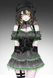 1girl absurdres beanie belt black_belt black_collar black_dress black_hair black_hat blonde_streaks breasts chain chain_necklace collar colored_inner_hair cowboy_shot detached_sleeves dress gradient_background grey_background hat hazaki_yoshino highres idolmaster idolmaster_shiny_colors ikaruga_luca jewelry looking_at_viewer medium_hair multicolored_hair necklace parted_lips puffy_detached_sleeves puffy_sleeves solo standing straight-on streaked_hair yellow_eyes