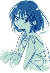 1girl :d artist_name blush bob_cut commentary_request dress from_side hair_between_eyes happy looking_at_viewer looking_to_the_side monochrome open_mouth original parted_lips short_hair signature simple_background sitting sketch sleeveless sleeveless_dress smile solo split_mouth sugano_manami white_background