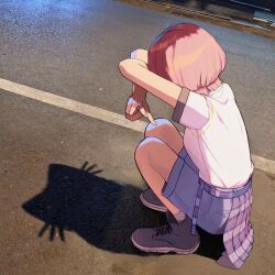 1girl arimura_mao arms_up boots cat_shadow_puppet commentary_request gakuen_idolmaster idolmaster inoshishi969 pink_hair pleated_skirt road shadow shirt short_hair shorts skirt squatting