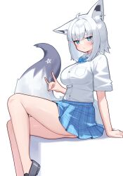 1girl absurdres alternate_costume animal_ears black_footwear blue_bow blue_bowtie blue_eyes blue_skirt blush bow bowtie breasts collared_shirt deaver fox_ears fox_girl fox_shadow_puppet fox_tail highres hololive large_breasts looking_at_viewer pentagram plaid_clothes plaid_skirt shirakami_fubuki shirt short_hair short_sleeves simple_background skirt solo tail thighs virtual_youtuber white_background white_hair white_shirt