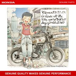 1girl :d ^_^ ad black_hair blush closed_eyes commentary copyright_notice dog english_commentary facing_viewer full_body genie&#039;s_motorcycle_life genie_(genie&#039;s_motorcycle_life) grey_shoes highres honda jumpsuit jumpsuit_around_waist low_twintails motor_vehicle motorcycle official_art open_mouth outdoors philippines red_shirt sekihan shirt shoes short_sleeves smile sneakers solo speech_bubble sweatband tagalog_text teeth translated twintails upper_teeth_only