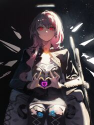 1girl absurdres arknights black_background black_dress black_jacket cropped_jacket crosshair_pupils dress earrings energy_wings feet_out_of_frame glowing glowing_eyes hair_between_eyes halo heart heart_hands highres jacket jewelry jiuxiaoshi lemuen_(arknights) long_hair long_sleeves looking_at_viewer open_clothes open_jacket pink_hair red_eyes short_dress single_earring sitting smile solo straight-on white_halo yandere