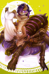 1girl arthropod_girl bean_bag_chair body_fur breasts brown_fur claws colored_skin commentary_request commission dress extra_arms extra_eyes full_body furry furry_female green_background highres hogara holding holding_unworn_clothes holding_unworn_dress insect_girl knitting knitting_needle long_hair needle original purple_eyes purple_hair purple_skin silk sitting skeb_commission small_breasts solo spider_girl spider_web spool taur unworn_dress white_dress