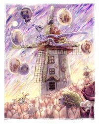 animal_focus balloon black_eyes blue_eyes blue_flower border child&#039;s_drawing crossed_bandaids cutiefly door drifloon field floating floette floette_(red_flower) floral_print flower flower_field flower_wreath from_side gen_4_pokemon gen_6_pokemon gen_7_pokemon hair_flower hair_ornament happy highres holding holding_flower legendary_pokemon looking_up maushold mythical_pokemon neverland+ nintendo no_humans open_mouth outdoors pink_flower pokemon pokemon_(creature) profile purple_ribbon purple_sky red_flower ribbon shaymin shaymin_(land) sky smile tulip white_border white_flower windmill window