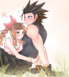 1boy 1girl 7_(milu577610) aerith_gainsborough baggy_pants bangle bare_shoulders black_gloves black_hair black_pants blue_sweater blush bracelet braid braided_ponytail breasts brown_hair chinese_commentary cleavage closed_mouth commentary_request couple cowboy_shot crisis_core_final_fantasy_vii cross_scar dress earrings facial_scar final_fantasy final_fantasy_vii final_fantasy_vii_remake flying_sweatdrops from_side gloves grass green_eyes hair_ribbon highres hug jewelry long_hair looking_at_another pants parted_bangs pink_dress pink_ribbon pout puff_of_air ribbed_sweater ribbon scar scar_on_cheek scar_on_face sidelocks sitting sleeveless sleeveless_turtleneck spiked_hair stud_earrings sweatdrop sweater turtleneck turtleneck_sweater upper_body zack_fair