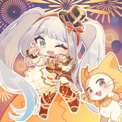 1girl absurdly_long_hair aerial_fireworks ahoge animal balloon bare_shoulders black_dress black_hat black_shoes black_wrist_cuffs blunt_bangs bow bowtie brown_eyes cat cat_princess chibi chinese_commentary choker clenched_hands cloak clothed_animal commentary_request dance_till_dawn_(infinity_nikki) diamond_print dress ear_covers eyelashes fang fireworks frilled_dress frilled_wrist_cuffs frills grey_eyes hairband happy hat hat_bow hood hood_up hooded_cloak infinity_nikki light_blush long_hair making-of_available medium_dress mini_hat mini_top_hat momo_(nikki) navel nikki_(series) one_eye_closed open_mouth orange_bow orange_bowtie outdoors outline pantyhose paw_pose plaid_bow red_bow red_choker red_hairband red_pantyhose shoes single_stripe skin_fang smile strapless strapless_dress striped_choker top_hat tsurime twilight twintails two-tone_dress two-tone_wrist_cuffs very_long_hair waist_bow whiskers white_cat white_dress white_hair white_outline white_wrist_cuffs wrist_cuffs yellow_cloak