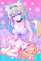 2girls :d absurdres animal_ear_fluff animal_ears bandaid_on_hair black_collar blonde_hair blue_bow blue_eyes blue_headband blue_nails blue_ribbon bow breasts cleavage collar commentary double-parted_bangs dress english_commentary finn_flint frilled_dress frills fuwawa_abyssgard garter_belt garter_straps hair_between_eyes hair_ornament hairband hairclip hand_on_another&#039;s_head headband highres hololive hololive_english horn_hairband large_breasts looking_at_viewer lying mococo_abyssgard multiple_girls navel on_back open_mouth outline pink_headband pink_ribbon red_eyes ribbon small_breasts smile tail thighhighs white_dress white_garter_belt white_garter_straps white_outline white_thighhighs x_hair_ornament