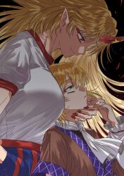 2girls absurdres blonde_hair blue_skirt brown_shirt eyeliner green_eyes grey_nagato hand_on_another&#039;s_cheek hand_on_another&#039;s_face height_difference highres horns hoshiguma_yuugi makeup mizuhashi_parsee multiple_girls oni pointy_ears red_eyeliner red_horns red_nails scarf sharp_teeth shirt single_horn skirt teeth touhou white_scarf white_shirt