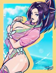 1girl absurdres animal_ears backless_swimsuit breasts butterfly_ornament cleavage curvy green_one-piece_swimsuit highleg highleg_one-piece_swimsuit highres large_breasts long_hair looking_at_viewer marvel marvel_rivals nico_artoo official_alternate_costume one-piece_swimsuit psylocke psylocke_(breezy_butterfly) revealing_clothes shiny_skin smile solo swimsuit wide_hips x-men