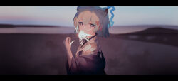1girl absurdres animal_ear_fluff animal_ears blue_archive blue_eyes blue_hair blue_jacket blush hair_between_eyes hair_ribbon highres holding holding_fireworks incredibly_absurdres jacket japanese_clothes kimono looking_at_viewer medium_hair official_alternate_costume open_mouth red_ribbon ribbon shigure_(blue_archive) shigure_(hot_spring)_(blue_archive) shinba233 sidelocks solo upper_body weasel_ears weasel_girl white_kimono