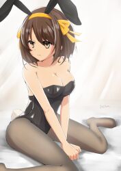 1girl animal_ears bare_shoulders black_leotard breasts brown_eyes brown_hair cleavage closed_mouth collarbone fake_animal_ears hairband highres leotard looking_to_the_side medium_breasts medium_hair no_shoes official_alternate_costume own_hands_together pantyhose pecha0525 playboy_bunny rabbit_ears rabbit_tail sitting solo suzumiya_haruhi suzumiya_haruhi_no_yuuutsu tail wariza yellow_hairband