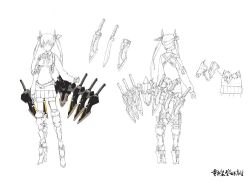 Rule 34 | 1girl, chest harness, collared shirt, commentary, english commentary, exoskeleton, full body, go (neco), harness, heavily armed high school girls, knife, leg armor, lineart, long hair, looking at viewer, multiple views, neck ribbon, neco, pleated skirt, reference sheet, ribbon, school uniform, shirt, simple background, skirt, spot color, standing, sweater, turnaround, twintails, white background