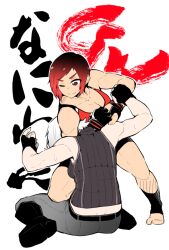 Rule 34 | 2girls, black boots, black shorts, boots, christie (doa), dead or alive, fingerless gloves, gloves, headlock, mila (doa), multiple girls, nexas, one eye closed, red eyes, red hair, short hair, shorts, sweat, tank top, toned, vest, white background, white hair, wrestling