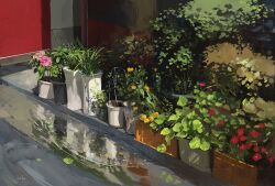 flower flower_pot no_humans original painting_(medium) path pink_flower plant plant_focus potted_plant puddle red_flower reflection reflective_water road shadow slow_d still_life traditional_media water yellow_flower