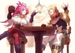 1boy 1girl arm_up armor atlantis_(fate/grand_order) black_boots black_gloves black_shirt blonde_hair boots breasts chair cleavage closed_eyes clothing_cutout corset crossed_legs cup eyepatch fate/grand_order fate_(series) fingerless_gloves francis_drake_(fate) francis_drake_(stormy_seas_outfit)_(fate) front-tie_top gloves grin hair_between_eyes hands_up hanging_light high_ponytail highres holding holding_cup jacket jason_(fate) jewelry lace-up_boots long_hair necklace on_chair open_mouth pants parted_bangs pink_hair ponytail red_corset red_pants scar scar_on_face shirt short_hair short_sleeves shoulder_armor sitting sleeveless sleeveless_shirt smile stomach_cutout table tankard teeth thigh_cutout tsuyukusa_(eeta7273) upper_teeth_only vambraces waist_cape white_jacket white_pants white_shirt