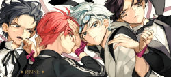 Rule 34 | 4boys, back, black eyes, black hair, black jacket, black ribbon, black wings, blue eyes, blush, bound, bound wrists, character name, closed mouth, copyright name, demon boy, demon wings, dress shirt, eyebrows, eyewear on head, facial mark, formal clothes, frown, grey-framed eyewear, hand on another&#039;s head, jacket, japanese clothes, juumonji tsubasa, kain (kyoukai no rinne), kyoukai no rinne, long sleeves, looking at another, looking at viewer, looking to the side, lying, male focus, masato (kyoukai no rinne), multiple boys, mumu2126, neck ribbon, on back, on side, parted lips, pink ribbon, profile, purple eyes, red hair, restrained, ribbon, rokudou rinne, shirt, slit pupils, suit, sweat, swept bangs, tied up, track jacket, white hair, white shirt, wings