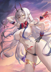 1girl absurdres arm_behind_head arm_up armband armpit_crease bikini black_bikini black_gloves bow bracelet breasts cleavage cloud commentary_request demon_girl demon_horns demon_tail dutch_angle floating_hair frilled_bikini_top gloves hair_intakes hair_ornament hand_on_own_hip heart heart_tail heterochromia highres horns jewelry kuza_brs large_breasts long_hair looking_at_viewer navel navel_piercing original piercing pointy_ears pubic_tattoo red_bow red_eyes sidelocks skull_ornament sky smile solo standing stomach string_bikini sunset swimsuit tail tail_bow tail_ornament tattoo teeth thigh_strap thighs very_long_hair white_bikini white_hair x_hair_ornament yellow_eyes