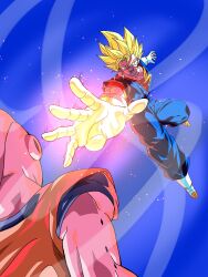 2boys battle blue_background blue_pants blue_shirt colored_skin dougi dragon_ball dragonball_z earrings gloves green_eyes highres jewelry kazumax76 majin_buu multiple_boys orange_shirt pants pink_skin potara_earrings shirt simple_background solo_focus spiked_hair super_buu super_saiyan super_saiyan_1 vegetto white_gloves