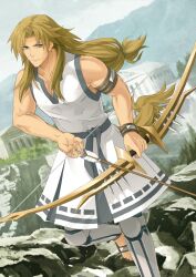 1boy armband arrow_(projectile) bare_shoulders blonde_hair blue_eyes blue_sash bow_(weapon) chiron_(fate) closed_mouth collarbone curtained_hair dutch_angle fate/grand_order fate_(series) foot_out_of_frame hair_tie holding holding_arrow holding_bow_(weapon) holding_weapon horse_boy horse_tail konoe_ototsugu leg_armor leg_up long_hair looking_at_viewer low-tied_long_hair male_focus no_socks official_art pectoral_cleavage pectorals sandals sash sleeveless smile solo tail third-party_source toes toned toned_male tunic v-shaped_eyebrows variant_set weapon white_tunic wristband