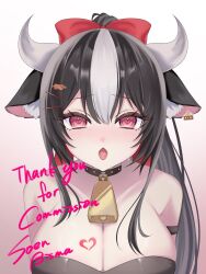 1girl animal_ears artist_name bell black_choker black_hair blush bow breasts choker cleavage commission cow_ears cow_girl cowbell ear_tag hair_bow hair_ornament heart heart-shaped_pupils highres indie_virtual_youtuber large_breasts long_hair open_mouth pink_eyes red_bow shimofuri_ichibo skeb_commission soen_bisma solo symbol-shaped_pupils thank_you tongue upper_body virtual_youtuber white_hair
