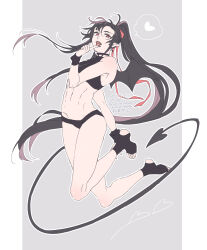 1boy abs ahoge alternate_costume armband bare_arms bare_legs bare_shoulders bikini black_bikini black_choker black_hair black_nails black_shirt black_shorts black_socks choker crop_top crossdressing dated demon_boy demon_tail demon_wings fangs finger_to_mouth fingernails floating floating_hair full_body grey_background groin hair_ribbon hand_up heart highres kimako_(kimako_8) long_hair looking_at_viewer male_focus midriff modao_zushi nail_polish navel open_mouth pointy_ears ponytail red_eyes red_ribbon ribbon sharp_fingernails shirt short_shorts shorts sidelocks sleeveless sleeveless_shirt smile socks solo spoken_heart stirrup_footwear stirrup_legwear swimsuit tail toeless_legwear tongue tongue_out trap twitter_username very_long_hair watermark wei_wuxian wings