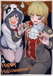 1boy 1girl absurdres akizakura_iori black_hair black_nails blonde_hair blush bow bowtie costume crossdressing fur_trim green_eyes halloween halloween_costume happy_halloween highres ikemen_joshi_to_josou_danshi jack-o&#039;-lantern long_hair long_sleeves nail_polish open_mouth pants reverse_trap rindou_hazuki school_uniform tadd_(tatd) trick_or_treat yellow_eyes