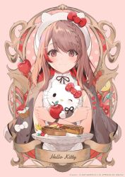 1girl 2025 absurdres animal_ears apple apple_slice beret black_ribbon bow braid brown_hair brown_jacket cake cat_ears character_name closed_mouth collared_shirt colored_inner_hair fake_animal_ears food fruit hat hello_kitty hello_kitty_(character) highres jacket jacket_on_shoulders long_hair looking_at_viewer multicolored_hair neck_ribbon necomi pink_background red_bow red_hair ribbon sanrio shirt simple_background sleeveless sleeveless_shirt smile streaked_hair upper_body white_hat white_shirt