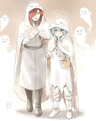 2boys aged_down alternate_costume basket blue_eyes blue_hair cloak full_body ghost ghost_costume hair_over_one_eye halloween_costume hand_up holding holding_basket hood hood_up hooded_cloak long_hair long_sleeves looking_at_viewer mizuhara_aki mole mole_under_eye multiple_boys open_mouth parted_lips pisces_albafica pisces_lugonis red_hair robe saint_seiya saint_seiya:_the_lost_canvas shy smile speech_bubble standing torn_cloak torn_clothes trap trick_or_treat white_cloak white_robe